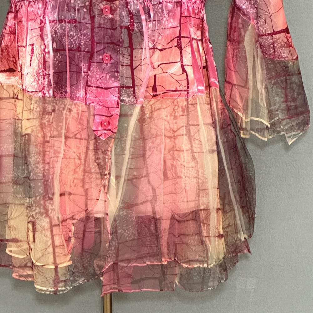 Jerry T Womens Top L Pink Colorful Crinkle Abstract Smocked Tunic Boho‎ Artsy - Picture 4 of 11